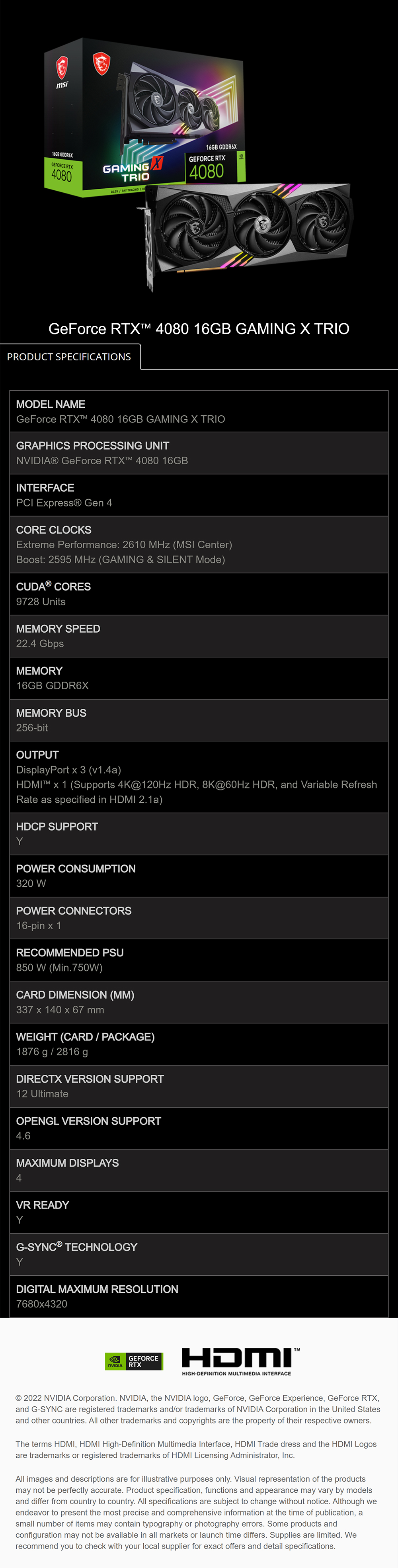 Spec GeForce RTX 4080 16GB GAMING X TRIO